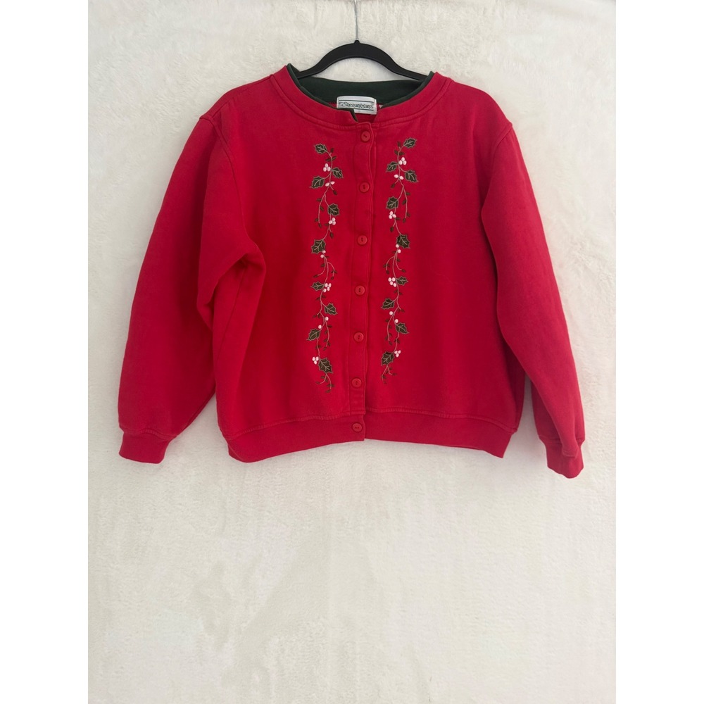 Shenanigans Vintage Red Holly Embroidered‎ Fleece Button Front Cardigan XL